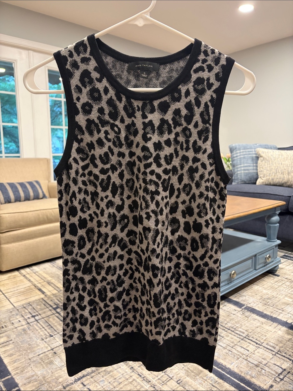 Ann Taylor Black and Gray Leopard-Print Sleeveless Knit sweater vest